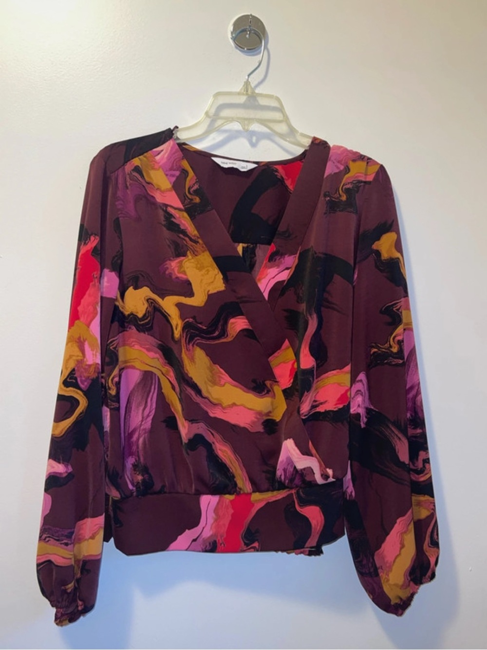 Nine West Burgundy Wrap-Style Blouse with Pink and Mustard Swirls